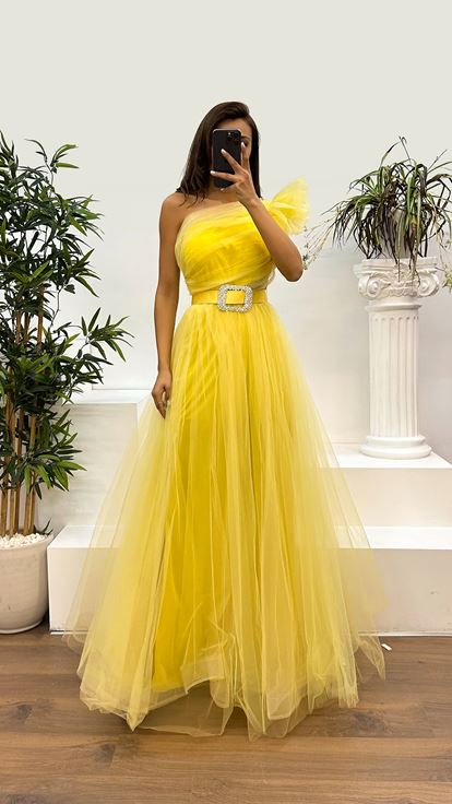 Yellow One Shoulder Belted Tulle Evening Dress