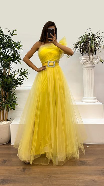 Yellow One Shoulder Belted Tulle Evening Dress