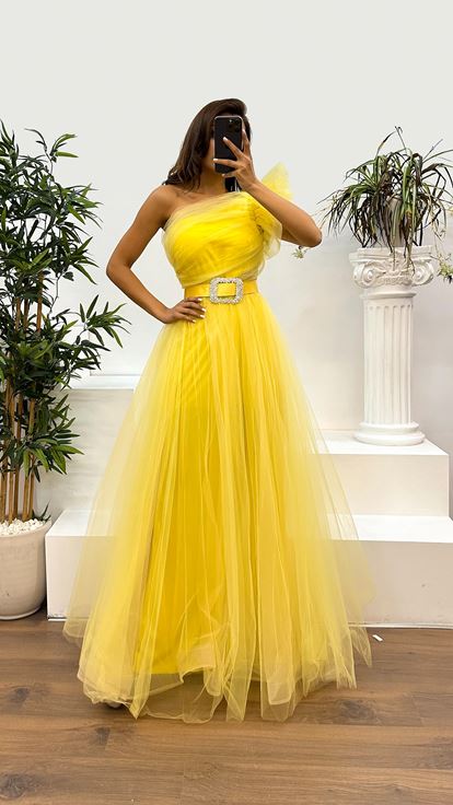 Yellow One Shoulder Belted Tulle Evening Dress