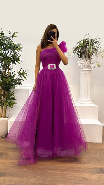 Fuchsia One Shoulder Belted Tulle Evening Dress