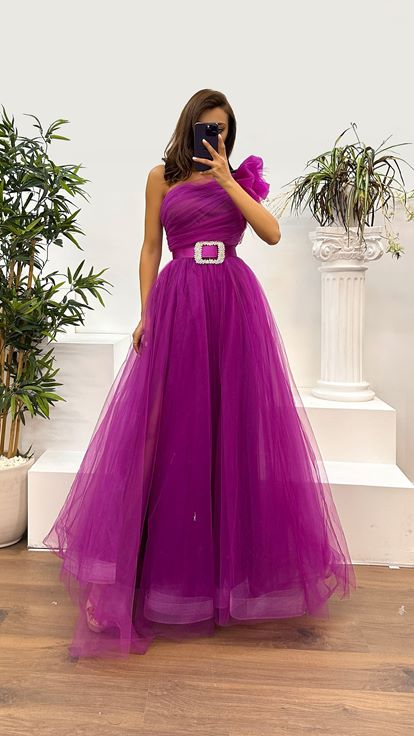 Fuchsia One Shoulder Belted Tulle Evening Dress