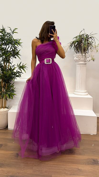 Fuchsia One Shoulder Belted Tulle Evening Dress