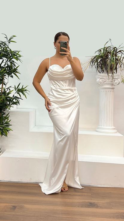 White Rope Strap Satin Plus Size Evening Dress