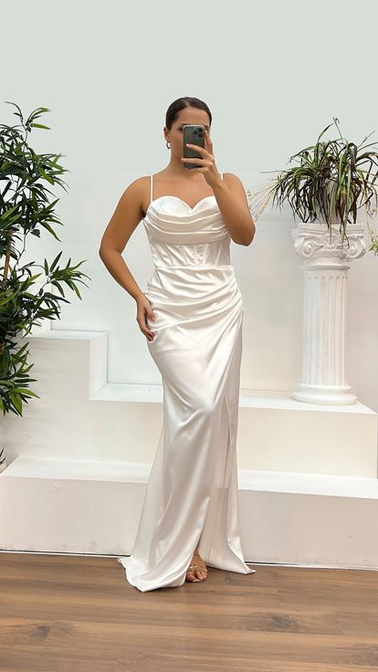 White Rope Strap Satin Plus Size Evening Dress