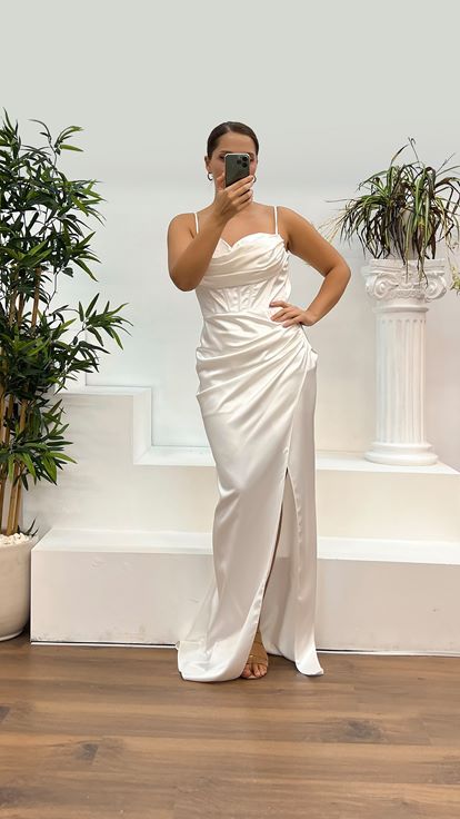 White Rope Strap Satin Plus Size Evening Dress