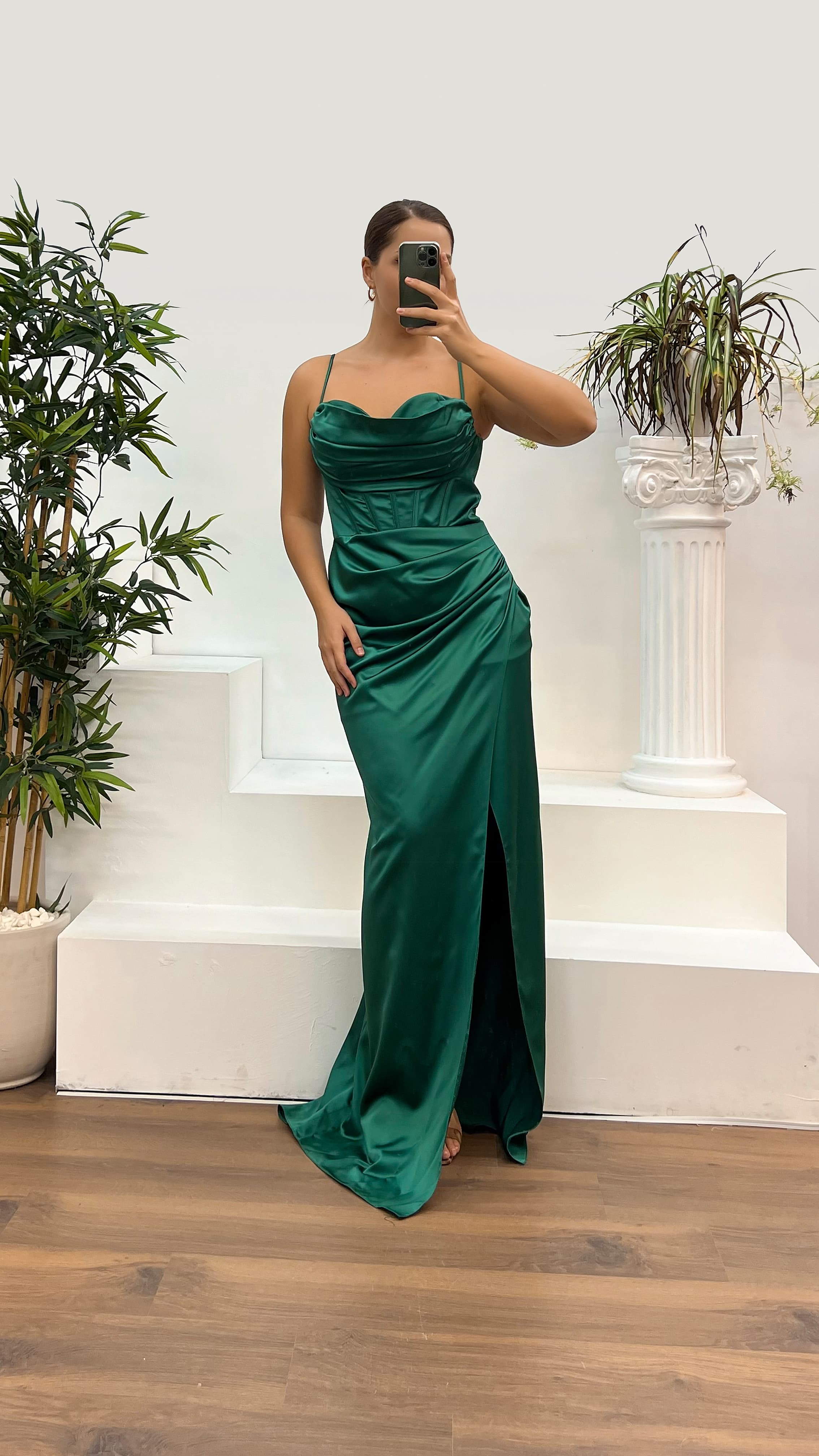 Green Rope Strap Satin Plus Size Evening Dress