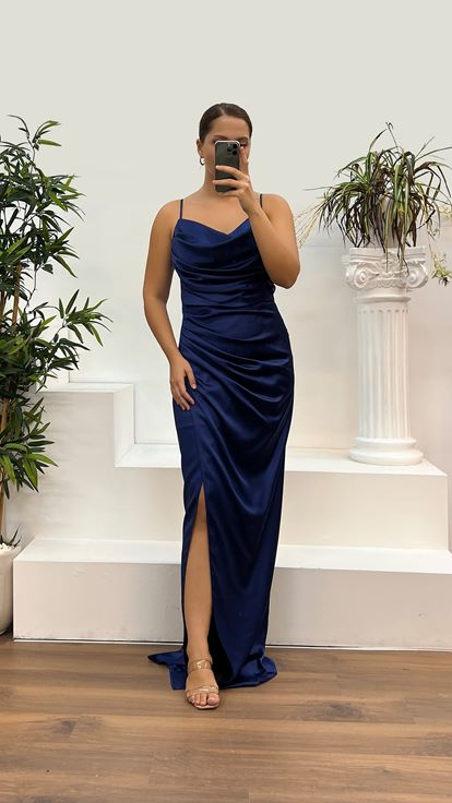 Robe de soirée drapée en satin bleu marine, grande taille, bretelles en corde