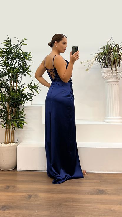 Robe de soirée drapée en satin bleu marine, grande taille, bretelles en corde
