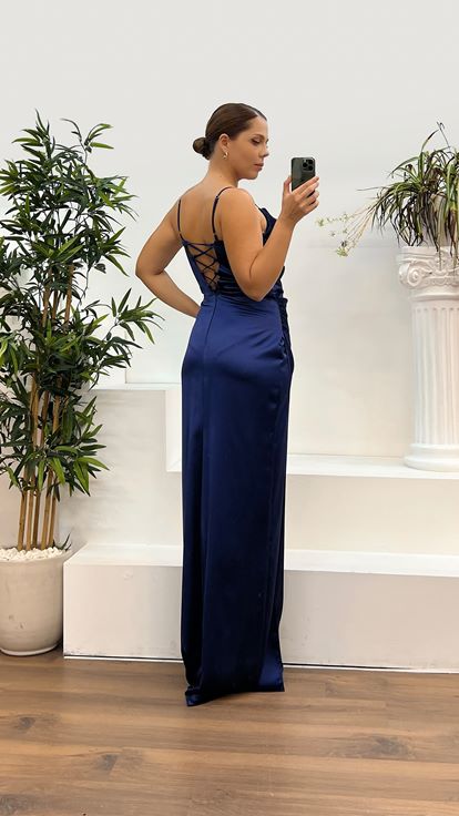 Robe de soirée drapée en satin bleu marine, grande taille, bretelles en corde