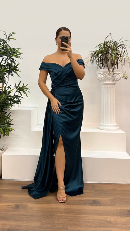 Petrol Boat Neck Satin Plus Size Evening Dress