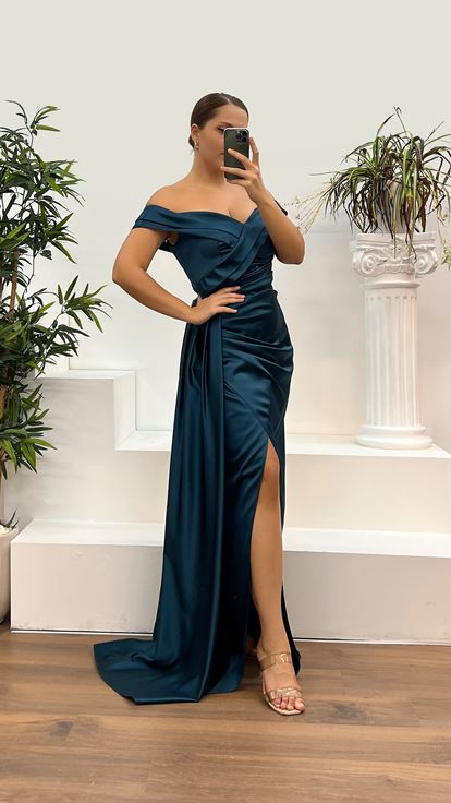 Petrol Boat Neck Satin Plus Size Evening Dress