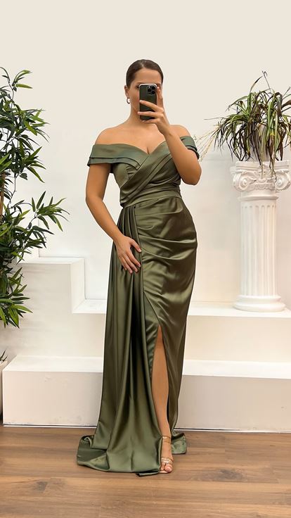 Khaki Boat Neck Satin Plus Size Evening Dress