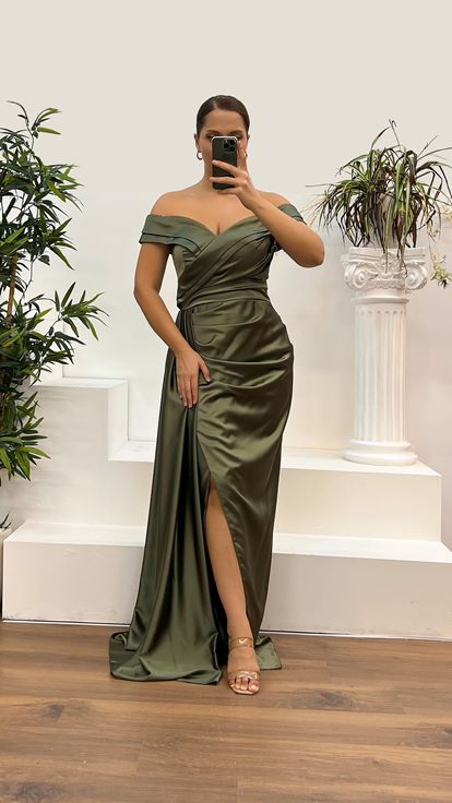 Khaki Boat Neck Satin Plus Size Evening Dress