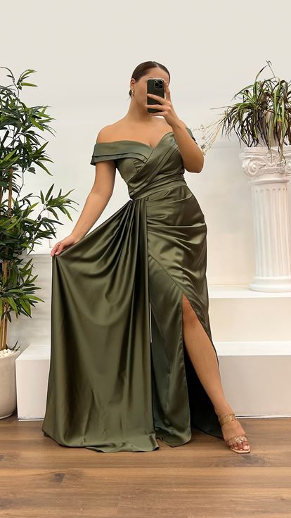 Khaki Boat Neck Satin Plus Size Evening Dress