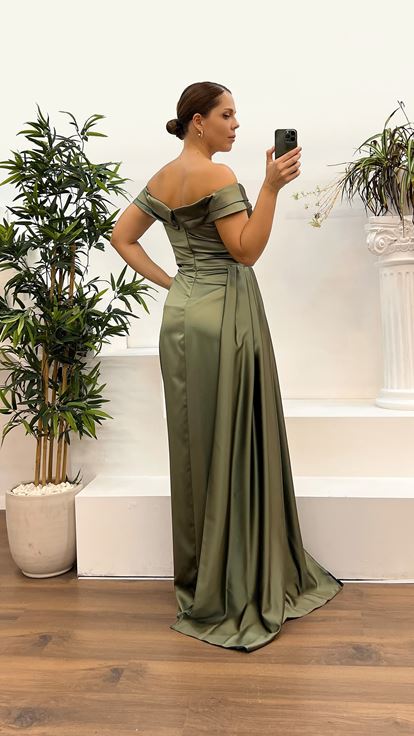 Khaki Boat Neck Satin Plus Size Evening Dress