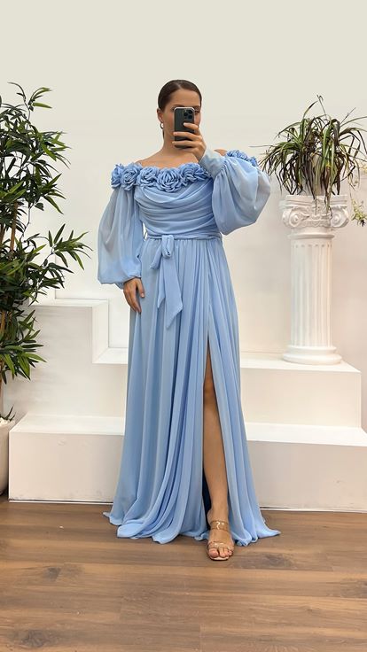 Bebe Mavi Kayık Yaka Gül Detay Şifon Abiye Elbise