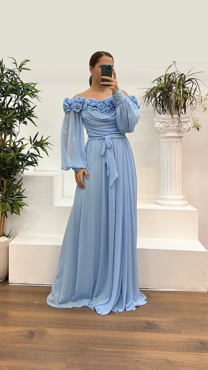 Bebe Mavi Kayık Yaka Gül Detay Şifon Abiye Elbise