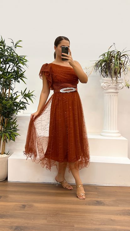 Orange One Shoulder Tulle Plus Size Evening Dress