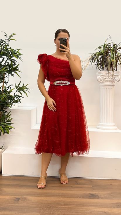 Red One Shoulder Tulle Plus Size Evening Dress
