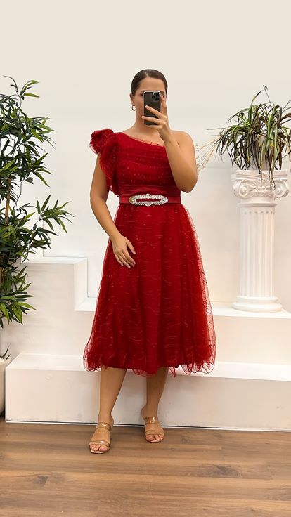 Red One Shoulder Tulle Plus Size Evening Dress