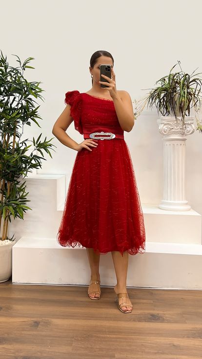 Red One Shoulder Tulle Plus Size Evening Dress