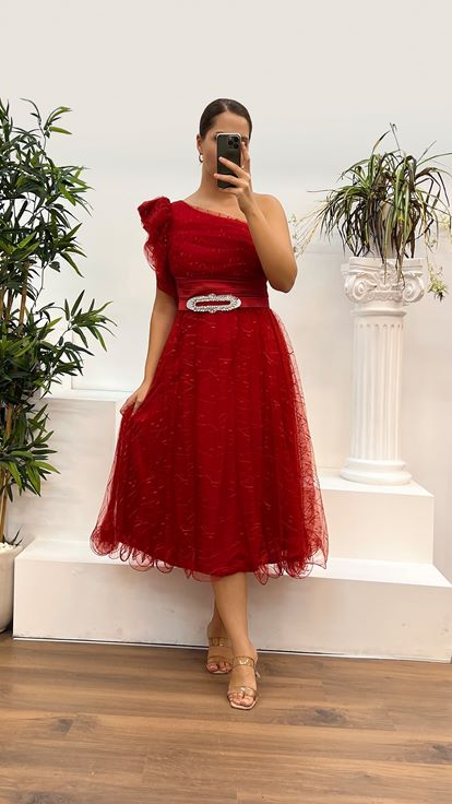 Red One Shoulder Tulle Plus Size Evening Dress