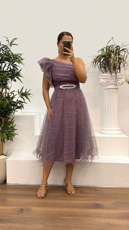 Lilac One Shoulder Tulle Plus Size Evening Dress