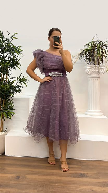 Lilac One Shoulder Tulle Plus Size Evening Dress