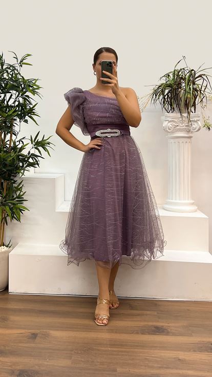 Lilac One Shoulder Tulle Plus Size Evening Dress