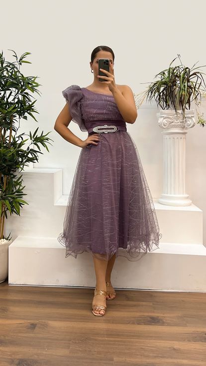 Lilac One Shoulder Tulle Plus Size Evening Dress