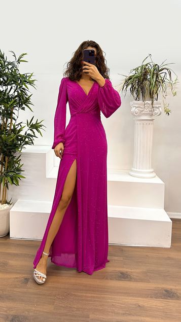 Vestido de noche bordado de manga larga con detalle de cintura y cuello en V fucsia