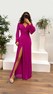 Fuşya V Yaka Bel Detay Uzun Kol İşlemeli Abiye Elbise