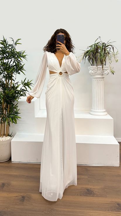 Bone V-Neck Waist Detail Evening Dress