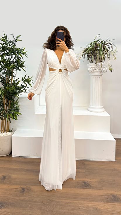 Bone V-Neck Waist Detail Evening Dress