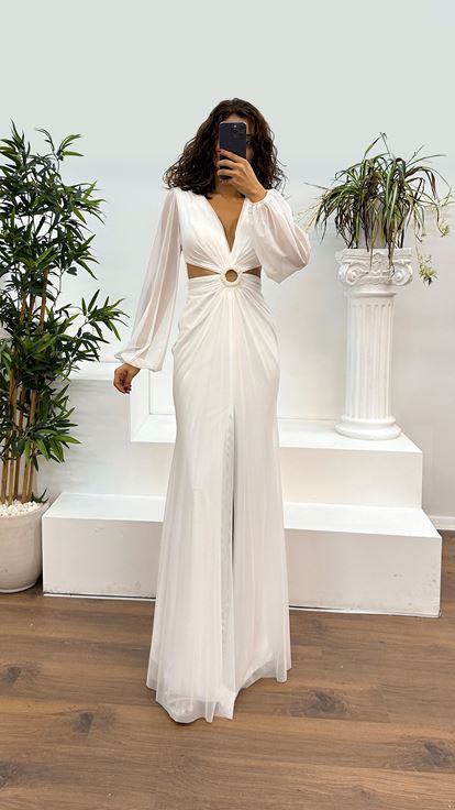 Bone V-Neck Waist Detail Evening Dress