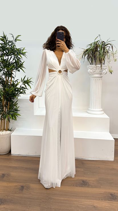 Bone V-Neck Waist Detail Evening Dress