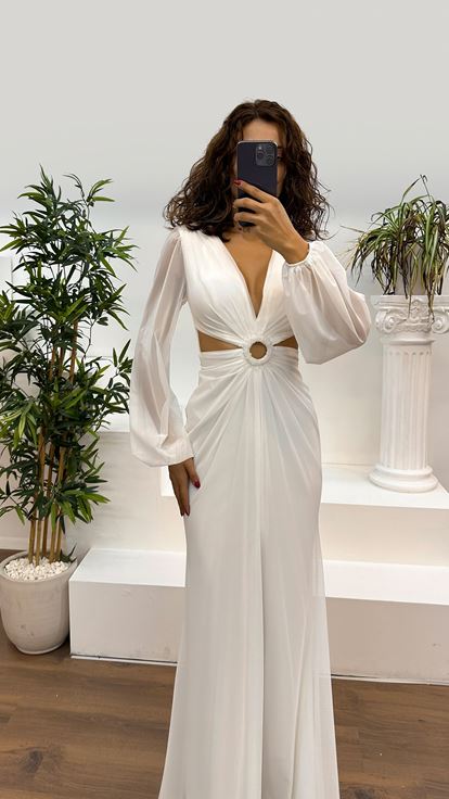 Bone V-Neck Waist Detail Evening Dress