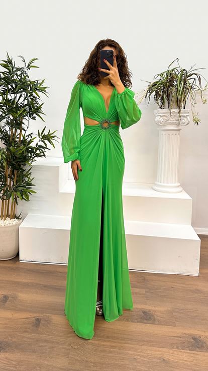 Green V-Neck Waist Detail Evening Dress