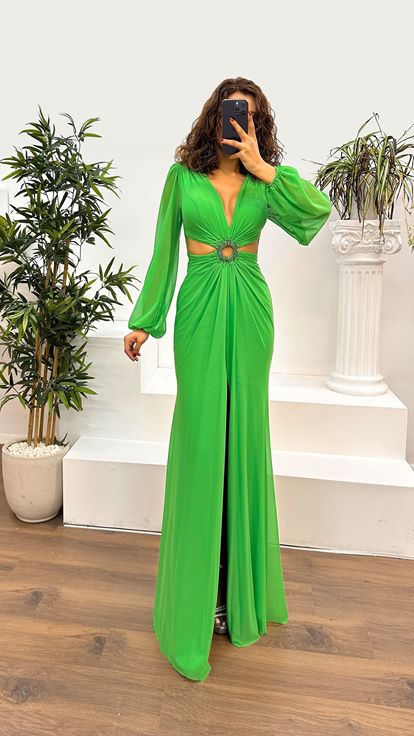 Green V-Neck Waist Detail Evening Dress