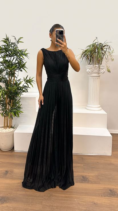 Black Waist Detail Pleated Design Evening Dress Jumpsuit