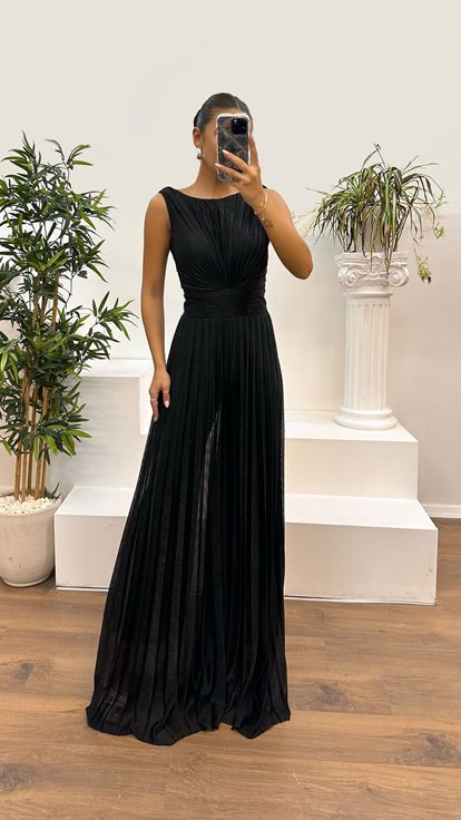 Black Waist Detail Pleated Design Evening Dress Jumpsuit