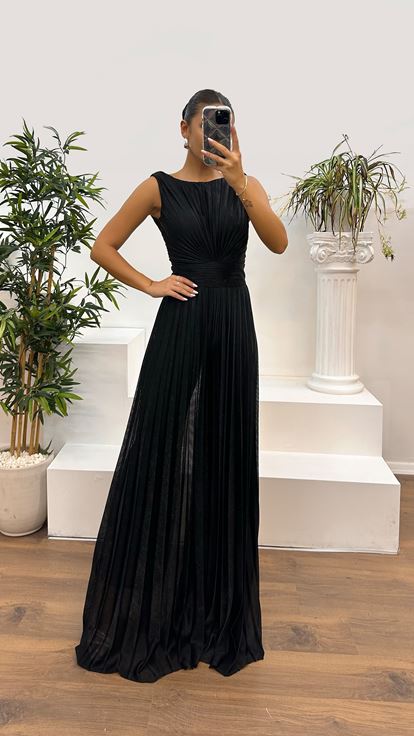 Black Waist Detail Pleated Design Evening Dress Jumpsuit