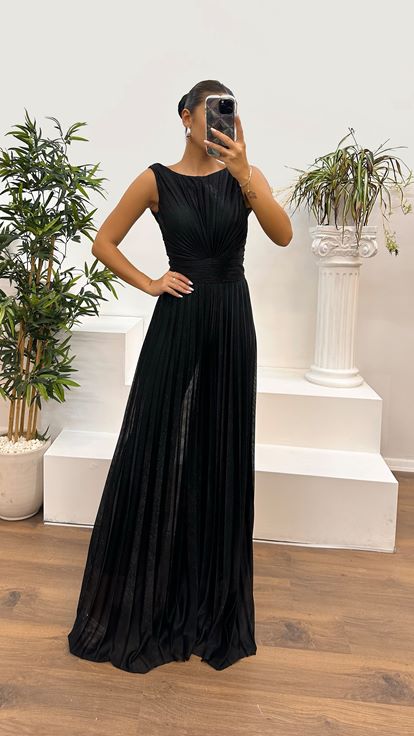 Black Waist Detail Pleated Design Evening Dress Jumpsuit