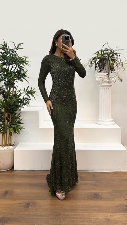 Haki El İşlemesi Tasarım Abiye Elbise