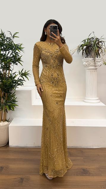 Gold Hand Embroidered Design Evening Dress
