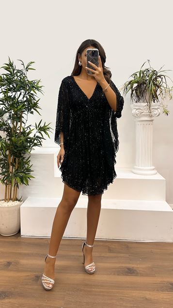 Black V-Neck Bat Sleeve Short Hand Embroidered Design Evening Dress