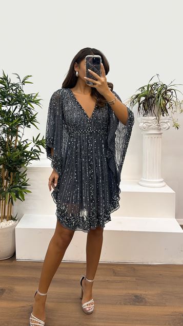 Anthracite V-Neck Bat Sleeve Short Hand Embroidered Design Evening Dress