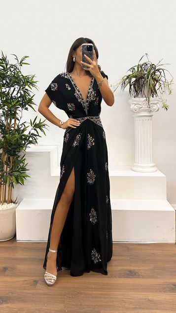 Black Silver V-Neck Patterned Special Design Dress