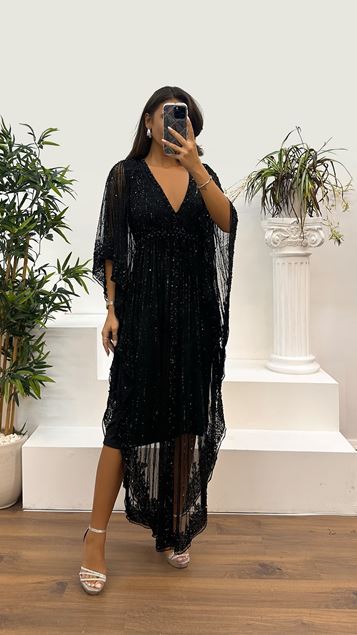 Black V-Neck Bat Sleeve Hand Embroidered Design Evening Dress