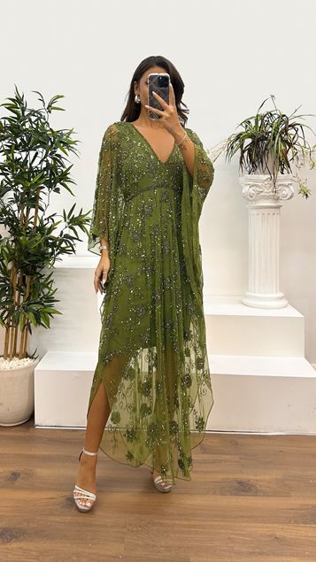 Green Bat Sleeve Short Hand Embroidered Design Evening Dress
